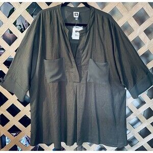 NWT ANNE KLEIN Linen Blend Mixed Media Olive Green High-Low Tunic 2X